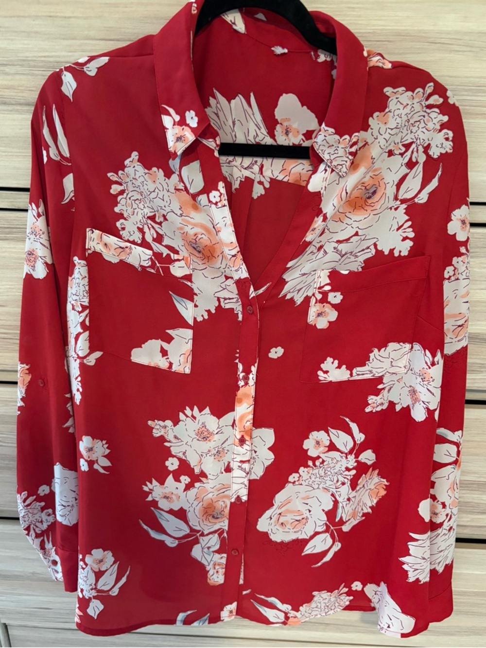 Women's Red Floral Button-Down Shirt - Classic Collared Top
